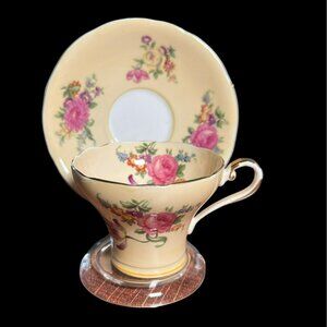 Rare Aynsley Yellow and Floral Corset Cup and Saucer Bone China Made in England